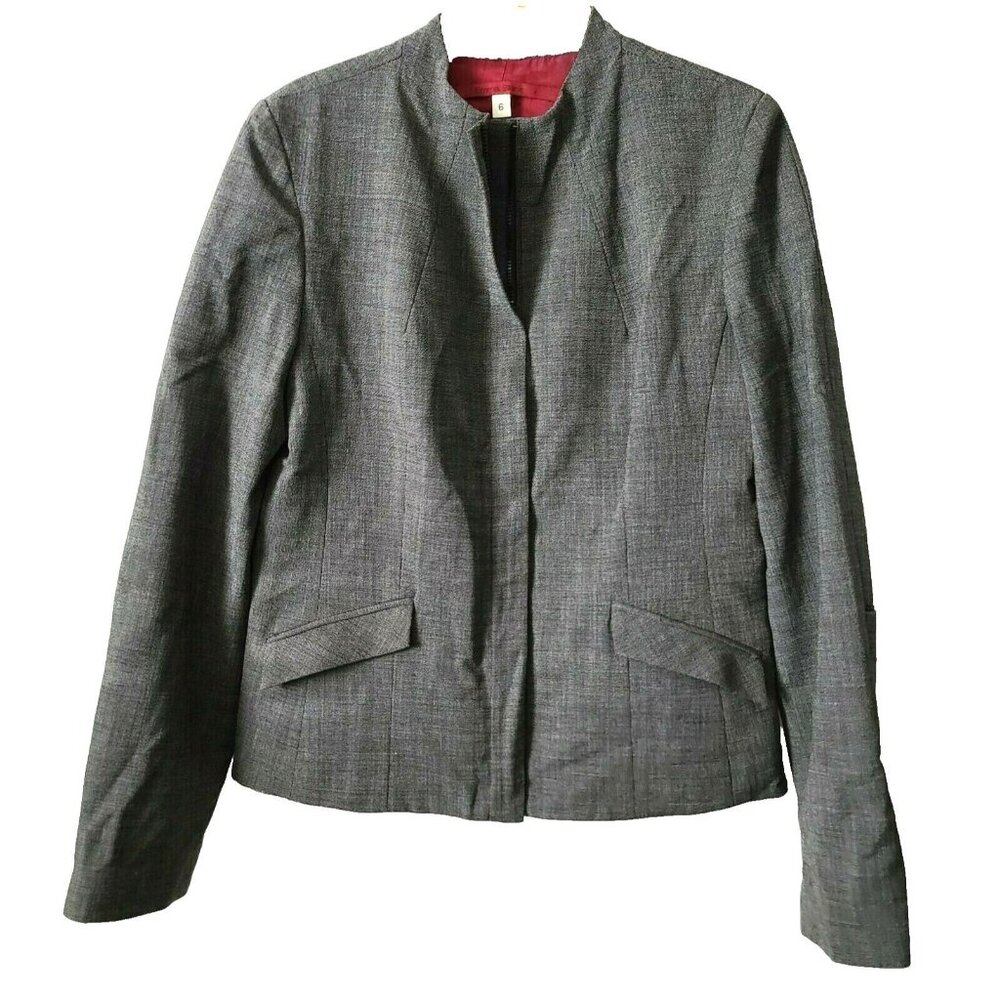 Vintage Emma Black Blazer Jacket Size 6 Black Beige Crop Zip Front LS No Collar